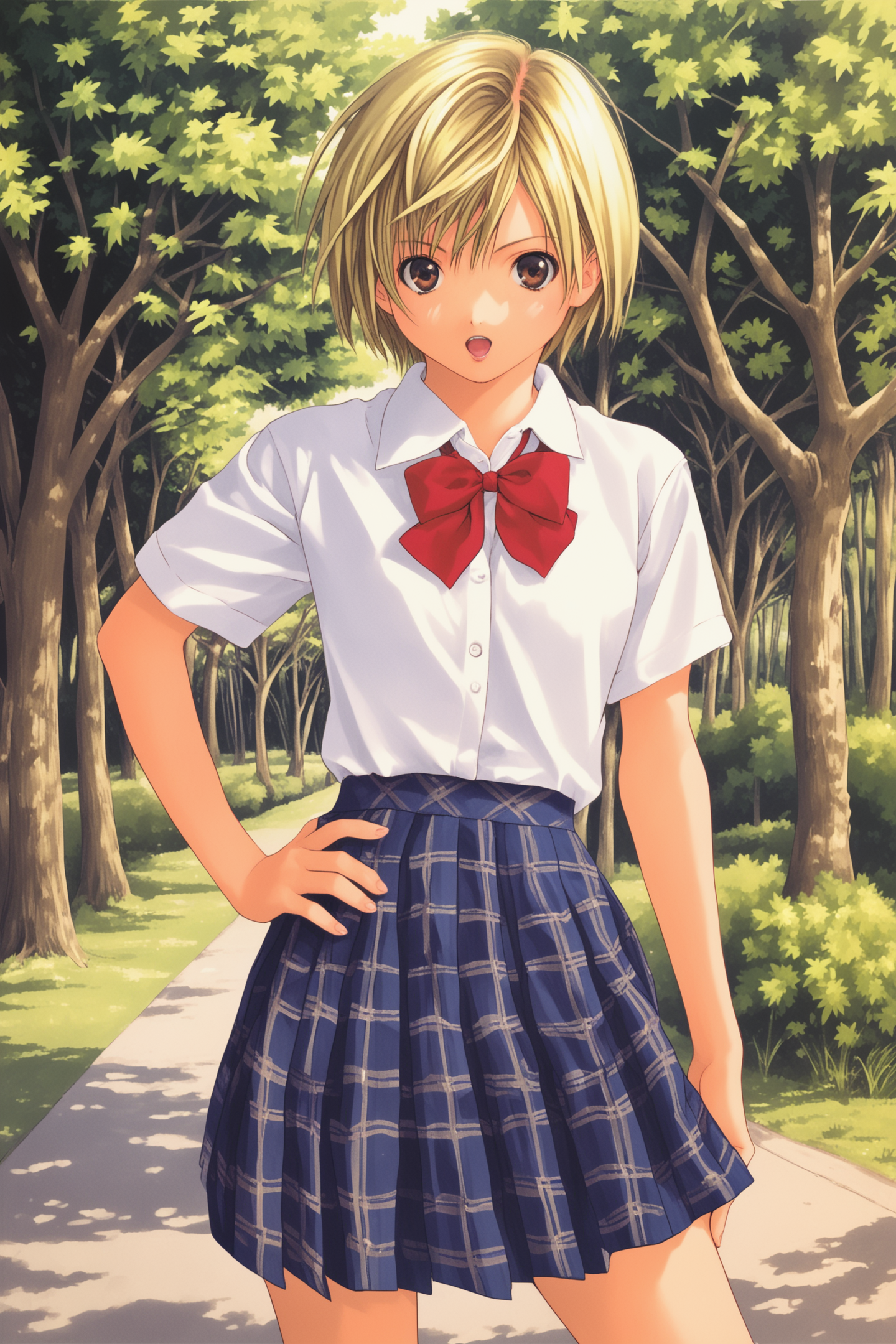 41002-1932009342-score_7up,_Nishino Tsukasa,1girl,solo,skirt,short hair,plaid,blonde hair,school uniform,red bow,plaid skirt,shirt,looking at vie.png